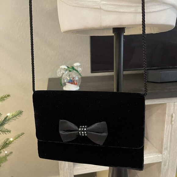 VELVET EVENING BAG WITH SILK BOW AND RHINESTONES IN BLACK - NWOT (504) - Picture 4 of 5